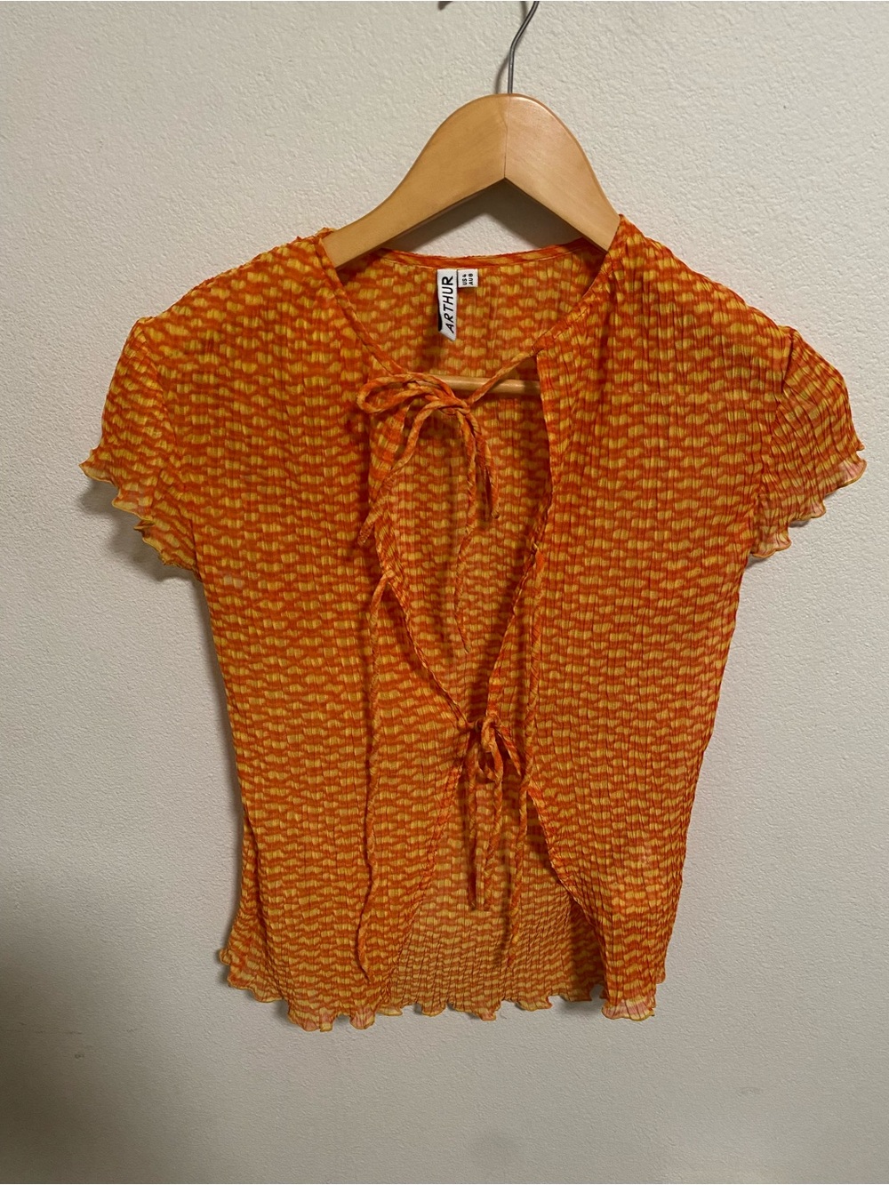 Arthur Orange Tie-Front Short Sleeve Mesh Blouse Size 4